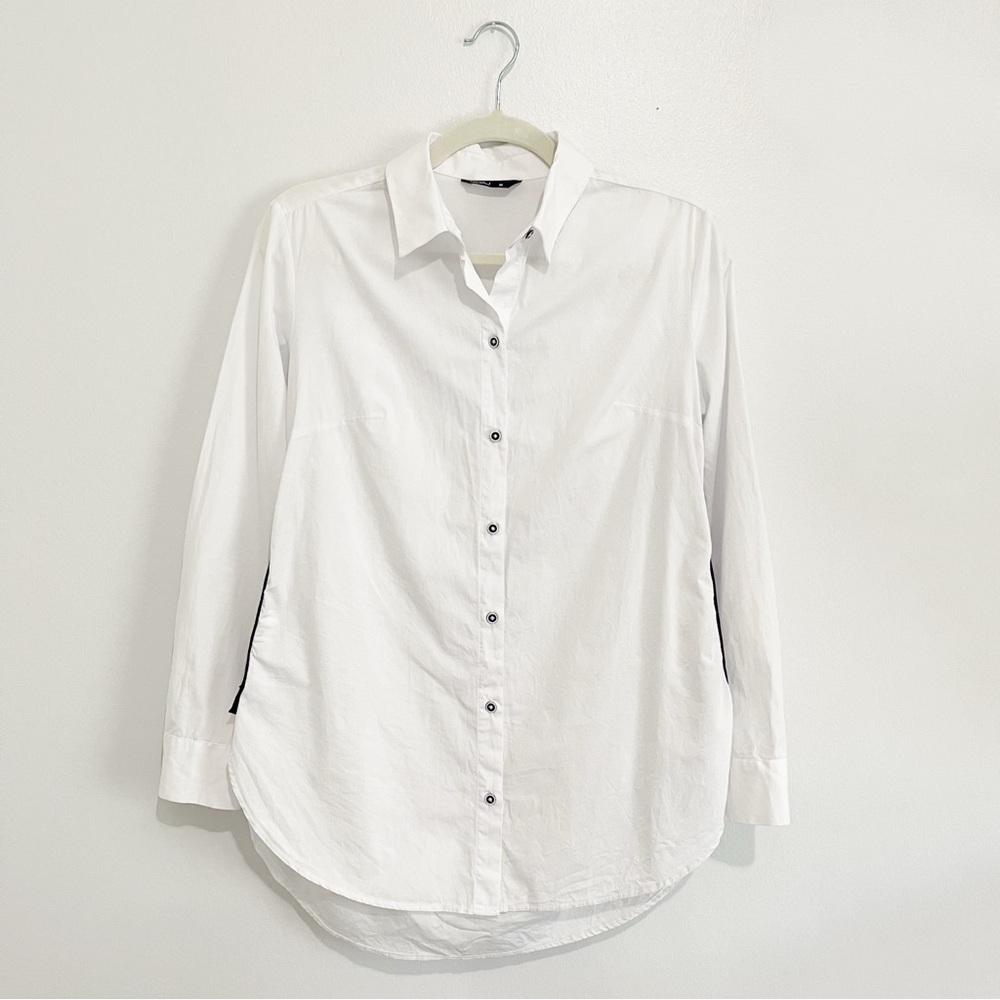 Koaj Women's White Button Down Shirt Blouse Cotton Colorful Stripe Details Sz M